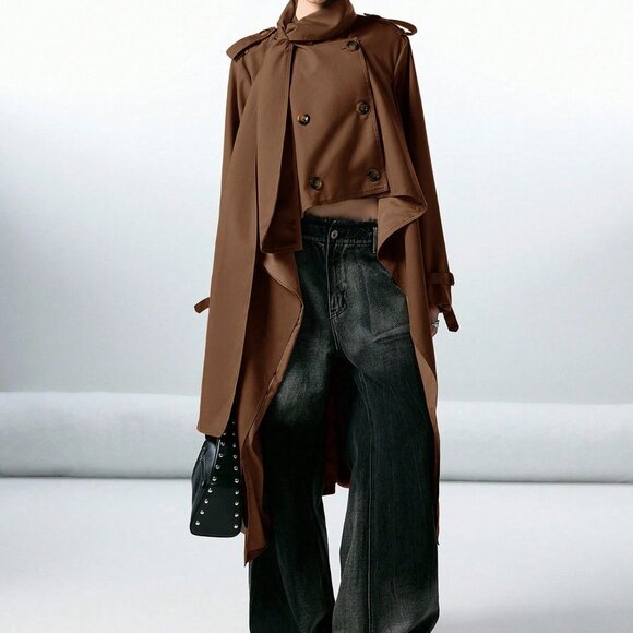 Chocolate Brown Casual Women's Double-Breasted Trench Coat